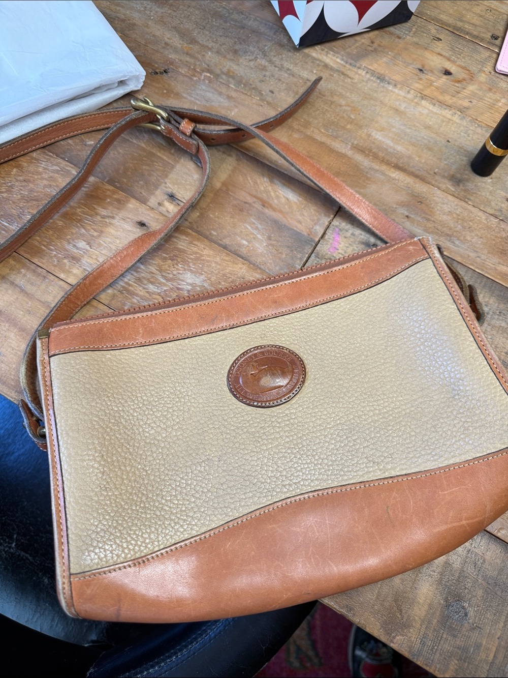 Dooney and Bourke Classic Two-Tone Leather Crossbody Bag in Tan and Cream